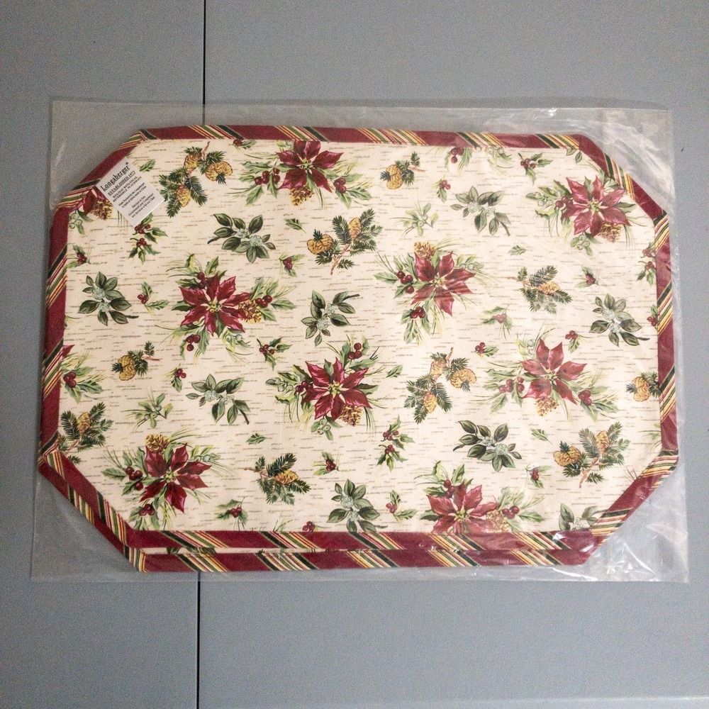 Longaburger Christmas Holiday Botanical Reversible 100% Cotton Placemat 2 Pack